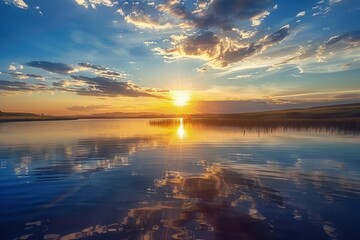 Wall Mural - the sun is setting over a calm lake