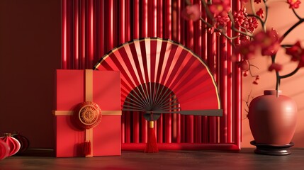 Wall Mural - Render a 3D image of a red package in front of a beautifully crafted red Chinese ancient fan, showcasing the blend of modern and traditional elements in design