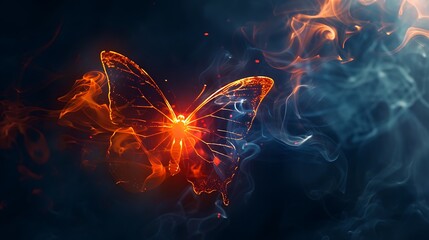 Wall Mural - shining butterfly with frosted paper wings on a dark background, gradient orange and sapphire smoke,