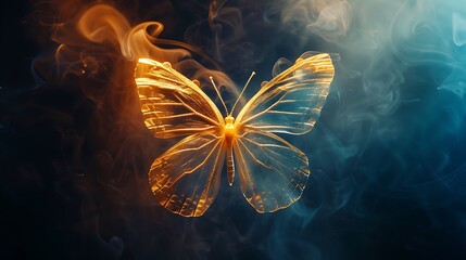Wall Mural - shining butterfly with frosted paper wings on a dark background, gradient orange and sapphire smoke,