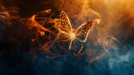 Wall Mural - shining butterfly with frosted paper wings on a dark background, gradient orange and sapphire smoke,