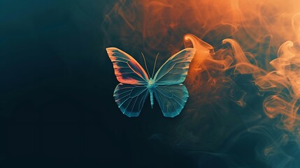 Wall Mural - shining butterfly with frosted paper wings on a dark background, gradient orange and sapphire smoke,