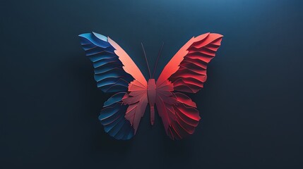 Wall Mural - shining butterfly with hand-cut paper wings on a dark background, gradient coral and cerulean smoke,