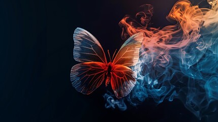 Wall Mural - shining butterfly with frosted paper wings on a dark background, gradient orange and sapphire smoke,