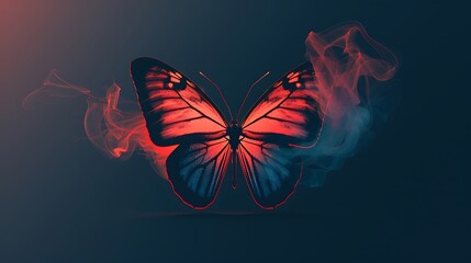 Wall Mural - shining butterfly with hand-cut paper wings on a dark background, gradient coral and cerulean smoke,