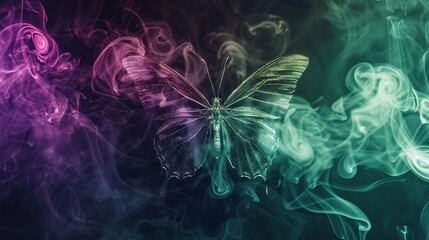 Wall Mural - shining butterfly with holographic foil paper wings on a dark background, gradient green and purple 