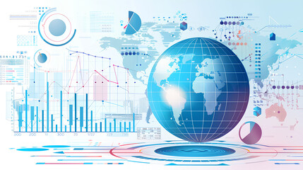 Poster - A digital infographic with a globe, graphs, and statistical data representing global financial trends, displayed on a light blue and white background, symbolizing analytics Stock Illustration