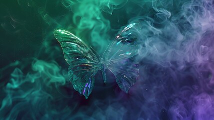 Wall Mural - shining butterfly with holographic foil paper wings on a dark background, gradient green and purple 