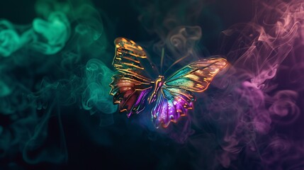 Wall Mural - shining butterfly with holographic foil paper wings on a dark background, gradient green and purple 