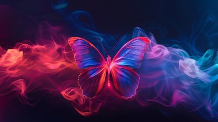 Wall Mural - shining butterfly with iridescent vellum paper wings on a dark background, gradient scarlet and sapp
