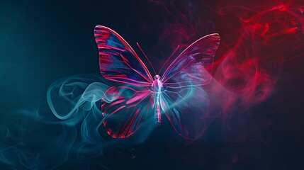 Wall Mural - shining butterfly with iridescent vellum paper wings on a dark background, gradient scarlet and sapp