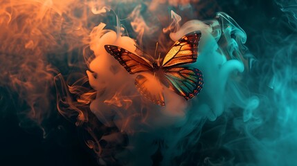 Wall Mural - shining butterfly with metallic paper wings on a dark background, gradient orange and teal smoke swi