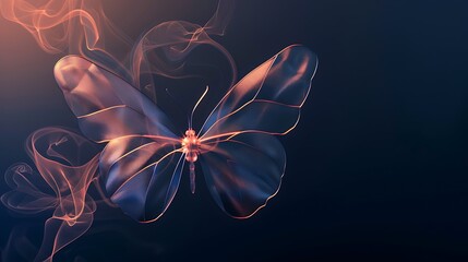 Wall Mural - shining butterfly with metallic silver paper wings on a dark background, gradient peach and navy smo