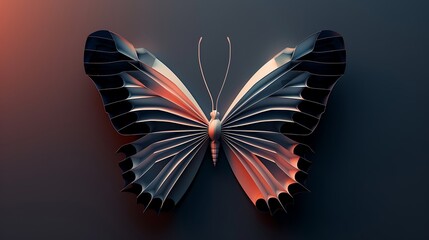 Wall Mural - shining butterfly with metallic silver paper wings on a dark background, gradient peach and navy smo