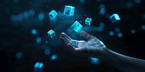 Wall Mural - A hand holding glowing blue cubes on a dark background, depicting a technology concept for digital transformation and online business and social media marketing.