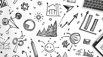 Poster - hand-drawn doodles of business and analysis concepts on a white background, depicting graphs, charts