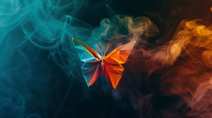 Wall Mural - shining butterfly with origami paper wings on a dark background, gradient amber and icy blue smoke, 