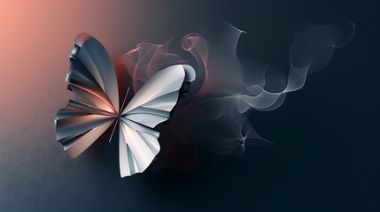 Wall Mural - shining butterfly with metallic silver paper wings on a dark background, gradient peach and navy smo