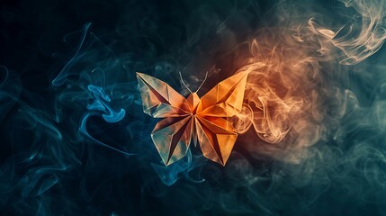 Wall Mural - shining butterfly with origami paper wings on a dark background, gradient amber and icy blue smoke, 