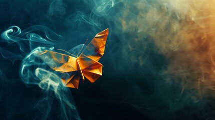 Wall Mural - shining butterfly with origami paper wings on a dark background, gradient amber and icy blue smoke, 