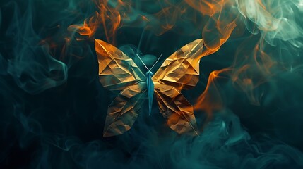 Wall Mural - shining butterfly with origami paper wings on a dark background, gradient amber and icy blue smoke, 