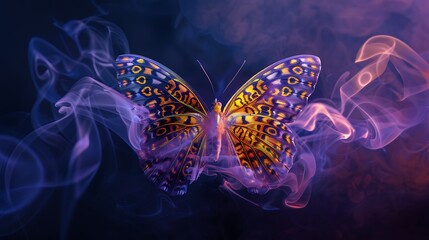 Wall Mural - shining butterfly with patterned paper wings on a dark background, gradient yellow and lavender smok