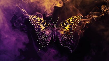 Wall Mural - shining butterfly with patterned paper wings on a dark background, gradient yellow and lavender smok