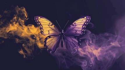 Wall Mural - shining butterfly with patterned paper wings on a dark background, gradient yellow and lavender smok