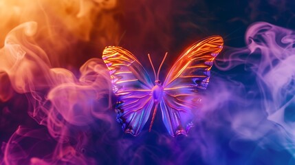 Wall Mural - shining butterfly with reflective rainbow paper wings on a dark background, gradient orange and viol