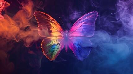 Wall Mural - shining butterfly with reflective rainbow paper wings on a dark background, gradient orange and viol