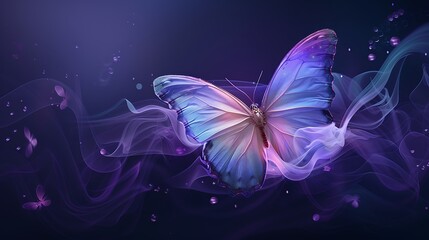 Wall Mural - shining butterfly with shimmering pearl paper wings on a dark background, gradient lavender and mint