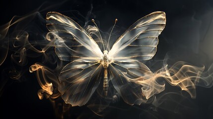 Wall Mural - shining butterfly with translucent paper wings on a dark background, gradient gold and silver smoke,