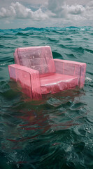 Wall Mural - A pink plastic chair floats in the ocean under a cloudy sky. Minimal surreal concept.