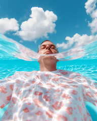 Wall Mural - A man wearing a white floral shirt floating on blue water with a sky filled with fluffy white clouds. Peaceful summer relaxation concept.