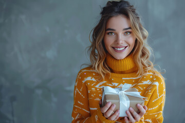 Wall Mural - The woman holding the red gift box