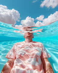 Wall Mural -  man wearing a pink shirt floating on blue water with a sky filled with fluffy white clouds. Tranquil and dreamy summer concept.