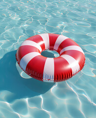 Wall Mural - A red and white striped inflatable ring floats on a crystal-clear blue pool. Minimal summer concept.