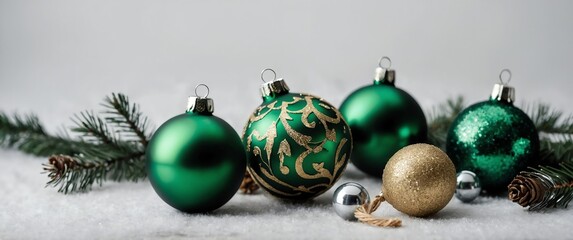 Canvas Print - green christmas decorations on plain white background for banner with copy space