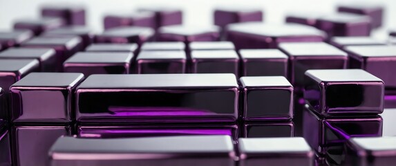 Poster - shiny purple metal cubes on plain white background for banner with copy space