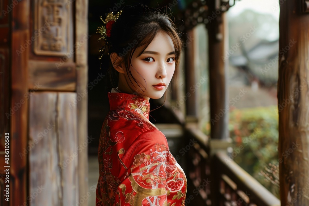 Beautiful chinese woman wearing a traditional red dress is posing in an ...
