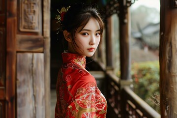 Beautiful chinese woman wearing a traditional red dress is posing in an ancient town