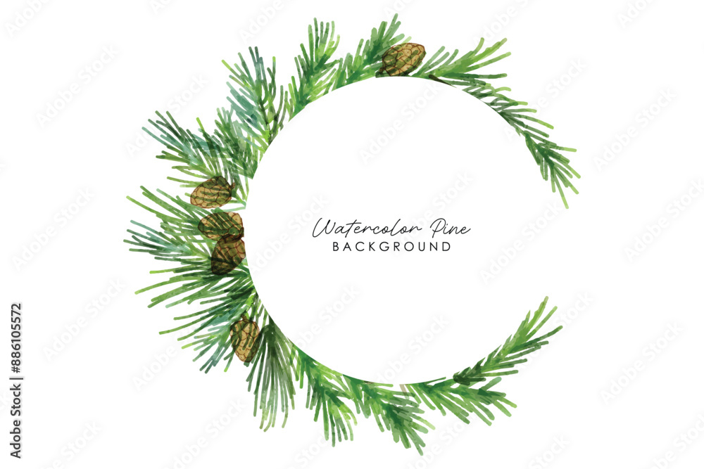 Green pine branches and cones frame. Watercolor pine and pine corn ...