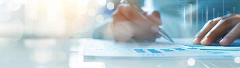 Poster - Focused image on a tax consultant's hand explaining figures on a financial return document, with ample copy space for text.