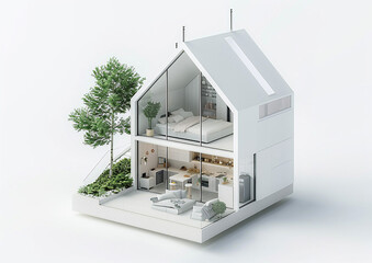 Isometric 3D render of a tiny loft-style house, white background, modern design elements, clean lines