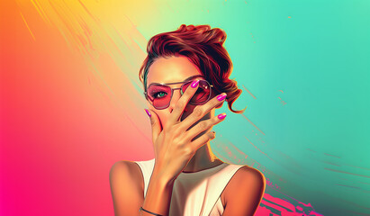 Closeup portrait of a fashionable lady with white sunglasses and pink nails on a colorful gradient copy space background. Minimal concept summer casual elegance in style of pop art. Generative AI