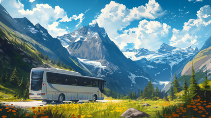 Wall Mural - a modern tourist bus with large windows, traveling through a picturesque countryside with mountains 