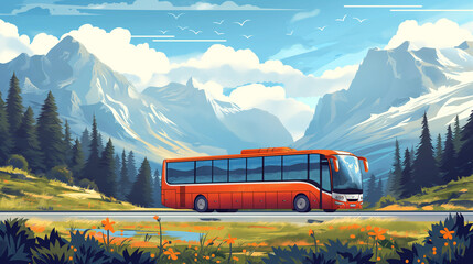 Wall Mural - a modern tourist bus with large windows, traveling through a picturesque countryside with mountains 
