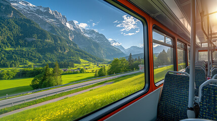 Wall Mural - a modern tourist bus with large windows, traveling through a picturesque countryside with mountains 