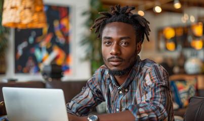 Poster - Confident Young Man Using Laptop in Modern Stylish Office for Creative Work or Online Business During Daytime