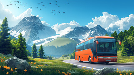 Wall Mural - a modern tourist bus with large windows, traveling through a picturesque countryside with mountains 